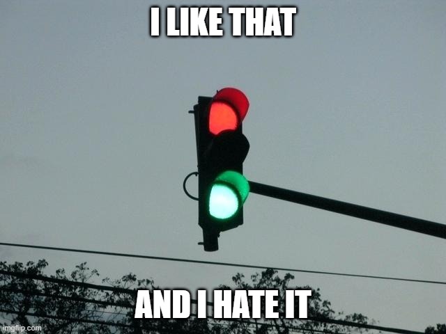 red and green lights on | I LIKE THAT AND I HATE IT | image tagged in red and green lights on | made w/ Imgflip meme maker