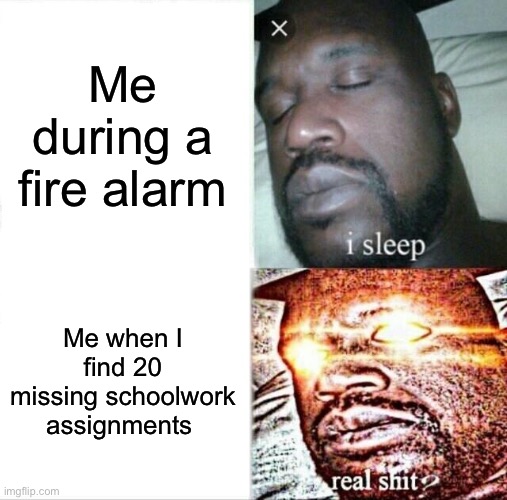 Sleeping Shaq | Me during a fire alarm; Me when I find 20 missing schoolwork assignments | image tagged in memes,sleeping shaq | made w/ Imgflip meme maker