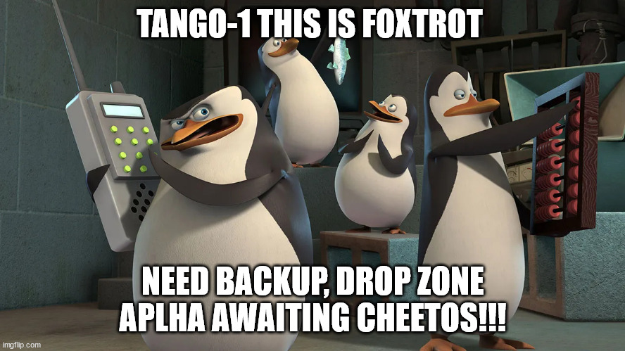 TANGO-1 THIS IS FOXTROT; NEED BACKUP, DROP ZONE APLHA AWAITING CHEETOS!!! | image tagged in penguins of madagascar | made w/ Imgflip meme maker