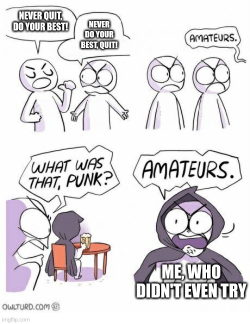 Amateurs | NEVER QUIT, DO YOUR BEST! NEVER DO YOUR BEST, QUIT! ME, WHO DIDN'T EVEN TRY | image tagged in amateurs | made w/ Imgflip meme maker