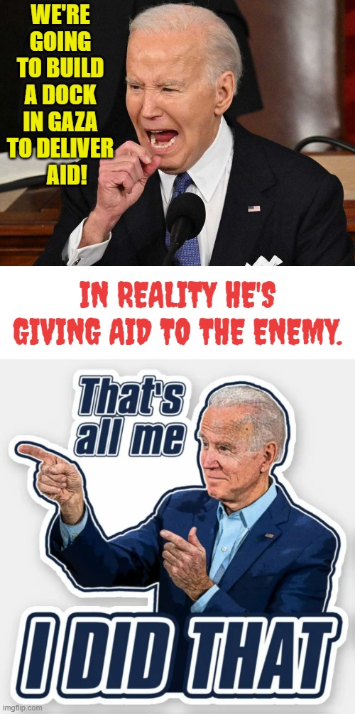 Does He Really Know What He's Doing? | WE'RE GOING TO BUILD A DOCK IN GAZA TO DELIVER    AID! IN REALITY HE'S GIVING AID TO THE ENEMY. | image tagged in memes,politics,joe biden,dock,aid,enemy | made w/ Imgflip meme maker