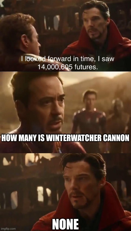 Dr. Strange’s Futures | HOW MANY IS WINTERWATCHER CANNON NONE | image tagged in dr strange s futures | made w/ Imgflip meme maker