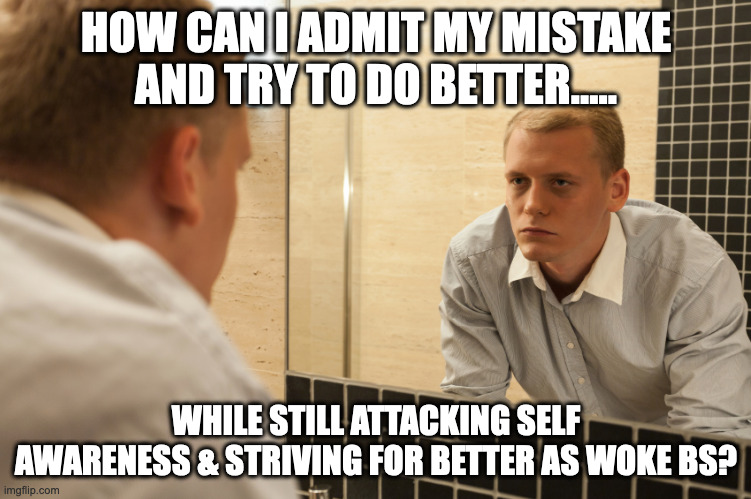 a real dilemma | HOW CAN I ADMIT MY MISTAKE AND TRY TO DO BETTER..... WHILE STILL ATTACKING SELF AWARENESS & STRIVING FOR BETTER AS WOKE BS? | image tagged in man looking in mirror | made w/ Imgflip meme maker