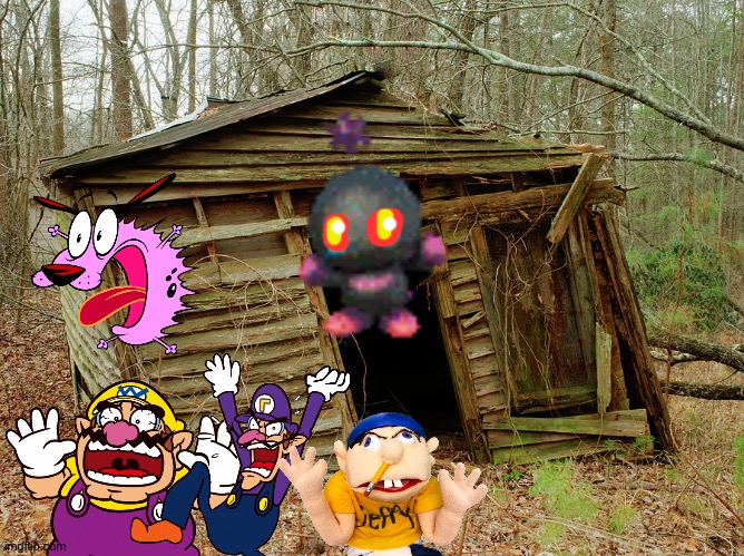 Wario and Friends dies by a Demon Dark chao while exploring in a shack in the woods | image tagged in shack in the woods,wario dies,jeffy,courage the cowardly dog,sonic the hedgehog,crossover | made w/ Imgflip meme maker