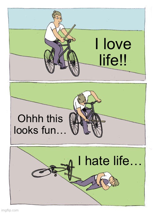 Live life without sticks | I love life!! Ohhh this looks fun…; I hate life… | image tagged in memes,bike fall | made w/ Imgflip meme maker