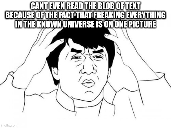 Jackie Chan WTF Meme | CANT EVEN READ THE BLOB OF TEXT BECAUSE OF THE FACT THAT FREAKING EVERYTHING IN THE KNOWN UNIVERSE IS ON ONE PICTURE | image tagged in memes,jackie chan wtf | made w/ Imgflip meme maker
