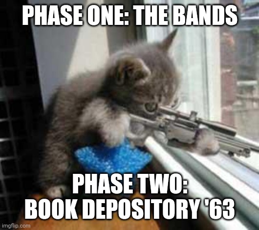 CatSniper | PHASE ONE: THE BANDS PHASE TWO: BOOK DEPOSITORY '63 | image tagged in catsniper | made w/ Imgflip meme maker