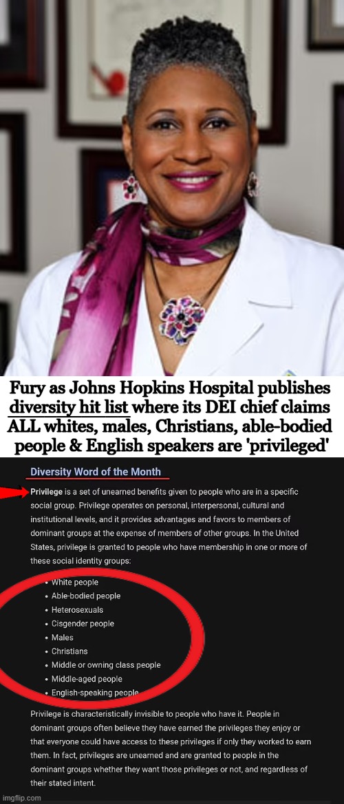 Chief Diversity Officer (But Not for ALL White People Who Are Privileged).... | Fury as Johns Hopkins Hospital publishes 
diversity hit list where its DEI chief claims 
ALL whites, males, Christians, able-bodied 
people & English speakers are 'privileged'; __________; _________ | image tagged in politics,you can't make this stuff up,diversity,but not for you,white privilege,irony | made w/ Imgflip meme maker