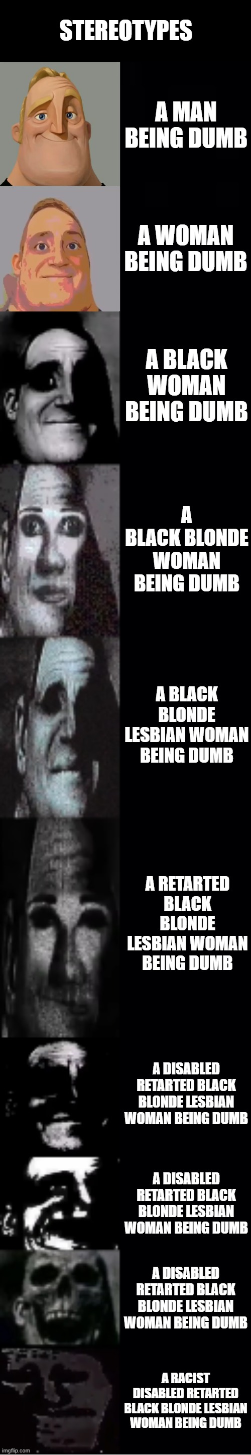 hi | STEREOTYPES; A MAN BEING DUMB; A WOMAN BEING DUMB; A BLACK WOMAN BEING DUMB; A BLACK BLONDE WOMAN BEING DUMB; A BLACK BLONDE LESBIAN WOMAN BEING DUMB; A RETARTED BLACK BLONDE LESBIAN WOMAN BEING DUMB; A DISABLED RETARTED BLACK BLONDE LESBIAN WOMAN BEING DUMB; A DISABLED RETARTED BLACK BLONDE LESBIAN WOMAN BEING DUMB; A DISABLED RETARTED BLACK BLONDE LESBIAN WOMAN BEING DUMB; A RACIST DISABLED RETARTED BLACK BLONDE LESBIAN WOMAN BEING DUMB | image tagged in mr incredible becoming uncanny | made w/ Imgflip meme maker