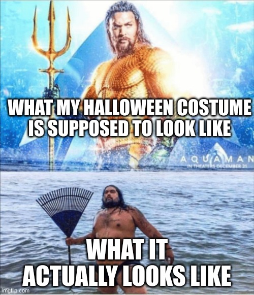 Aquaman | WHAT MY HALLOWEEN COSTUME IS SUPPOSED TO LOOK LIKE; WHAT IT ACTUALLY LOOKS LIKE | image tagged in high quality vs low quality aquaman | made w/ Imgflip meme maker