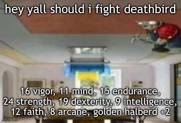 in the ceiling | hey yall should i fight deathbird; 16 vigor, 11 mind, 15 endurance, 24 strength, 19 dexterity, 9 intelligence, 12 faith, 8 arcane, golden halberd +2 | image tagged in in the ceiling | made w/ Imgflip meme maker