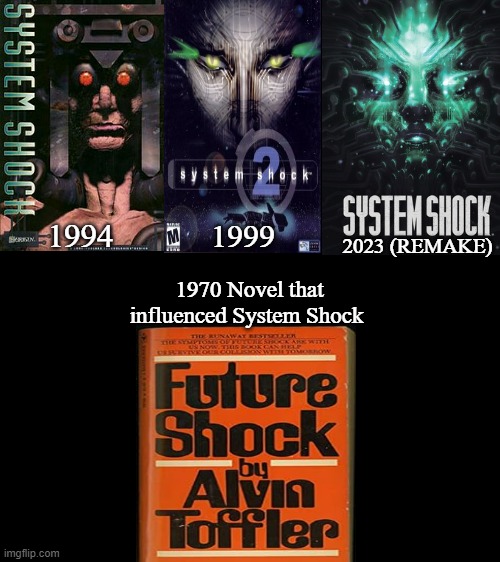 System Shock and Future Shock | 2023 (REMAKE); 1994; 1999; 1970 Novel that influenced System Shock | image tagged in system shock,future shock | made w/ Imgflip meme maker