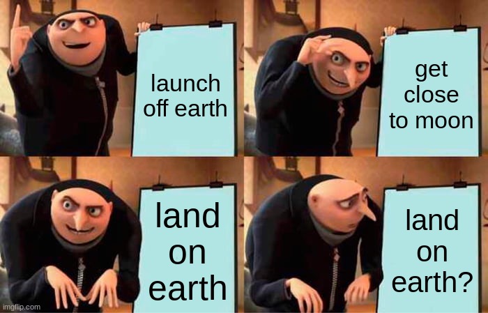 Gru's Plan Meme | launch off earth; get close to moon; land on earth; land on earth? | image tagged in memes,gru's plan | made w/ Imgflip meme maker