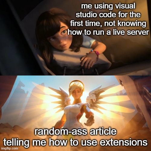 i always used notepad++ and eclipse, dont make fun of me, I didn't know it was that easy ;-; | me using visual studio code for the first time, not knowing how to run a live server; random-ass article telling me how to use extensions | image tagged in overwatch mercy meme | made w/ Imgflip meme maker