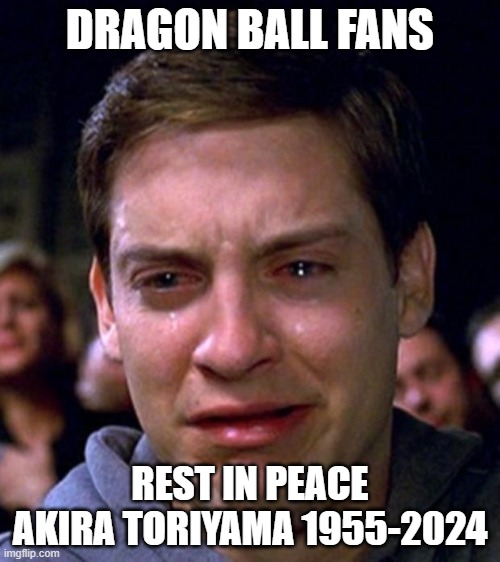 crying peter parker | DRAGON BALL FANS; REST IN PEACE AKIRA TORIYAMA 1955-2024 | image tagged in crying peter parker | made w/ Imgflip meme maker