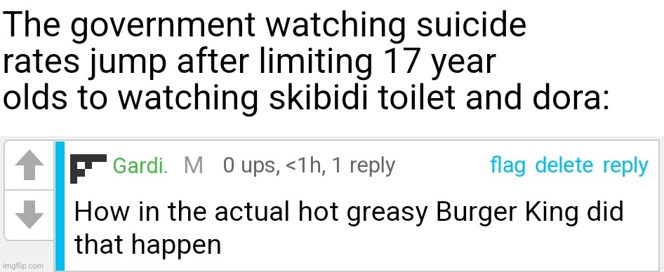 I doubt it's real but suicide meme funni | The government watching suicide rates jump after limiting 17 year olds to watching skibidi toilet and dora: | image tagged in how in the hot greasy burger king did that happen | made w/ Imgflip meme maker