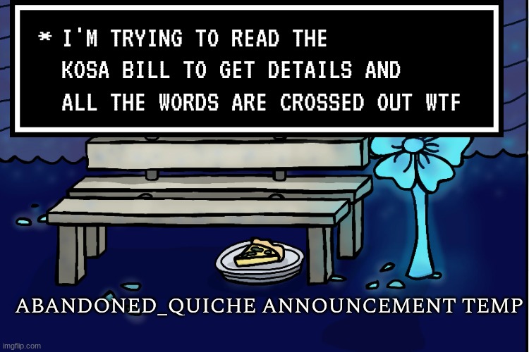 abandoned_quiche announcement temp | I'M TRYING TO READ THE KOSA BILL TO GET DETAILS AND ALL THE WORDS ARE CROSSED OUT WTF | image tagged in abandoned_quiche announcement temp | made w/ Imgflip meme maker