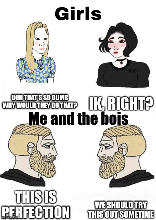 Girls vs Boys | UGH THAT'S SO DUMB
WHY WOULD THEY DO THAT? IK, RIGHT? THIS IS PERFECTION WE SHOULD TRY THIS OUT SOMETIME Me and the bois | image tagged in girls vs boys | made w/ Imgflip meme maker