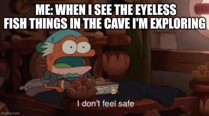 Eyeless fish things | ME: WHEN I SEE THE EYELESS FISH THINGS IN THE CAVE I'M EXPLORING | image tagged in i don't feel safe,scary,jpfan102504 | made w/ Imgflip meme maker
