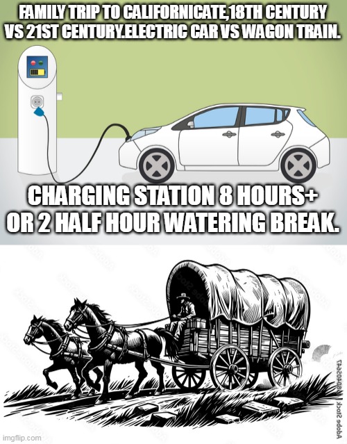Wagon train vs electric car | FAMILY TRIP TO CALIFORNICATE,18TH CENTURY VS 21ST CENTURY.ELECTRIC CAR VS WAGON TRAIN. CHARGING STATION 8 HOURS+ OR 2 HALF HOUR WATERING BREAK. | image tagged in change my mind | made w/ Imgflip meme maker