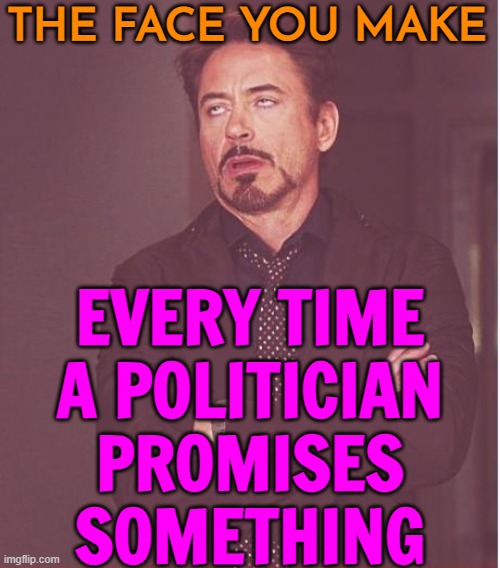 The Face You Make; Every Time A Politician Promises Something | THE FACE YOU MAKE; EVERY TIME
A POLITICIAN
PROMISES
SOMETHING | image tagged in memes,face you make robert downey jr,politics lol,politicians suck,politicians,scumbag government | made w/ Imgflip meme maker