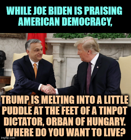 I choose America, and that ain't goulash. | WHILE JOE BIDEN IS PRAISING 
AMERICAN DEMOCRACY, TRUMP IS MELTING INTO A LITTLE 
PUDDLE AT THE FEET OF A TINPOT 
DICTATOR, ORBAN OF HUNGARY. 
WHERE DO YOU WANT TO LIVE? | image tagged in trump,love,dictator,hungary,russi,ukraine | made w/ Imgflip meme maker