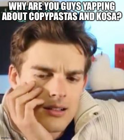 MatPat contemplating life | WHY ARE YOU GUYS YAPPING ABOUT COPYPASTAS AND KOSA? | image tagged in matpat contemplating life | made w/ Imgflip meme maker