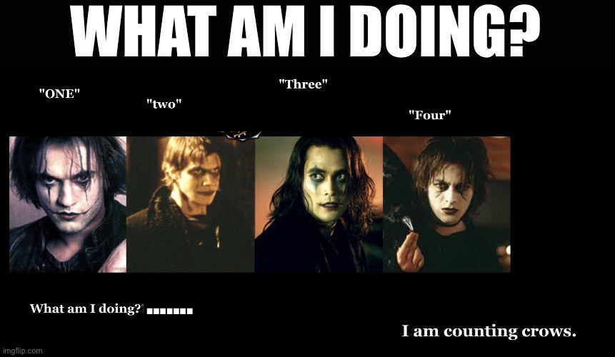 Pun counting crows | WHAT AM I DOING? ……. | image tagged in thecrow,pun | made w/ Imgflip meme maker