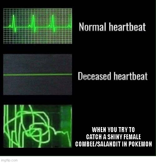 Shiny female combee/salandit | WHEN YOU TRY TO CATCH A SHINY FEMALE COMBEE/SALANDIT IN POKEMON | image tagged in normal heartbeat deceased heartbeat | made w/ Imgflip meme maker