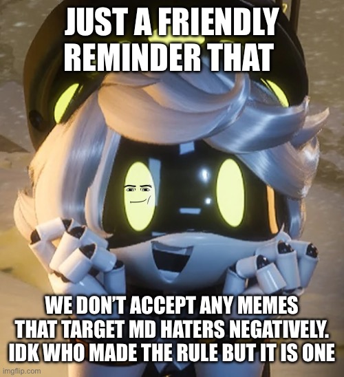 Can’t respond to any comments atm because sitewide ban rn | JUST A FRIENDLY REMINDER THAT; WE DON’T ACCEPT ANY MEMES THAT TARGET MD HATERS NEGATIVELY. IDK WHO MADE THE RULE BUT IT IS ONE | image tagged in happy n | made w/ Imgflip meme maker