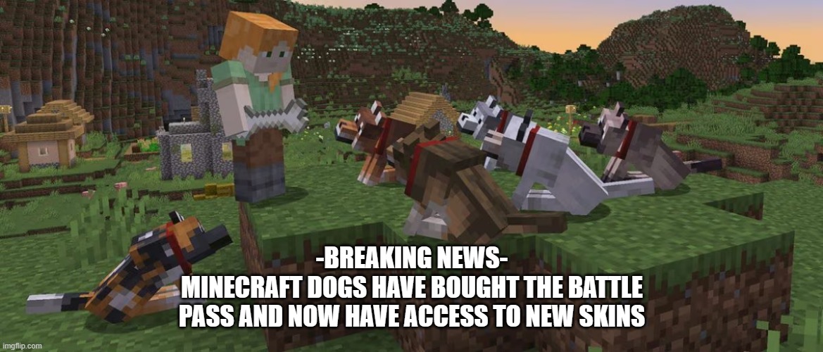 new update looks crazy | -BREAKING NEWS-
MINECRAFT DOGS HAVE BOUGHT THE BATTLE
 PASS AND NOW HAVE ACCESS TO NEW SKINS | image tagged in minecraft,minecraft memes,dogs,minecrafter,memes to meme | made w/ Imgflip meme maker
