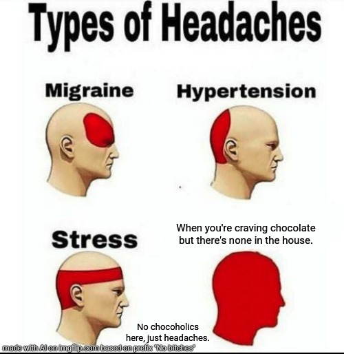 What does this have to do with no bitches????? | When you're craving chocolate but there's none in the house. No chocoholics here, just headaches. | image tagged in types of headaches meme | made w/ Imgflip meme maker