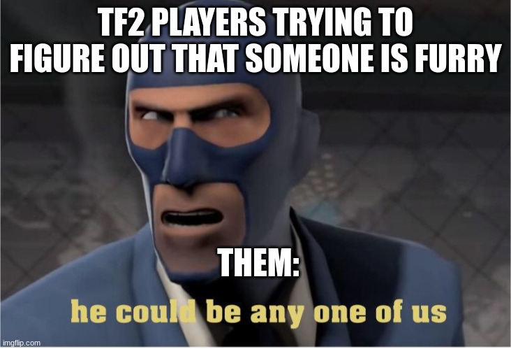 aint no way bruh | TF2 PLAYERS TRYING TO FIGURE OUT THAT SOMEONE IS FURRY; THEM: | image tagged in he could be anyone of us | made w/ Imgflip meme maker