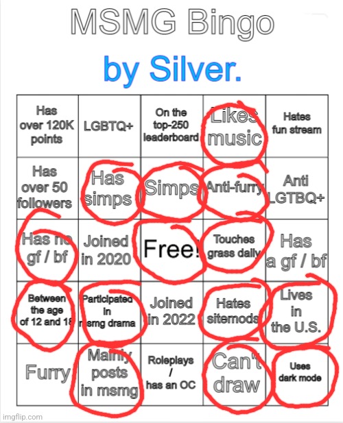 Silver.'s MSMG Bingo | image tagged in silver 's msmg bingo | made w/ Imgflip meme maker