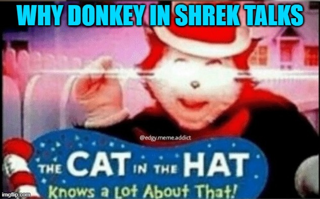 cat in the hat knows alot about that | WHY DONKEY IN SHREK TALKS | image tagged in cat in the hat knows alot about that | made w/ Imgflip meme maker