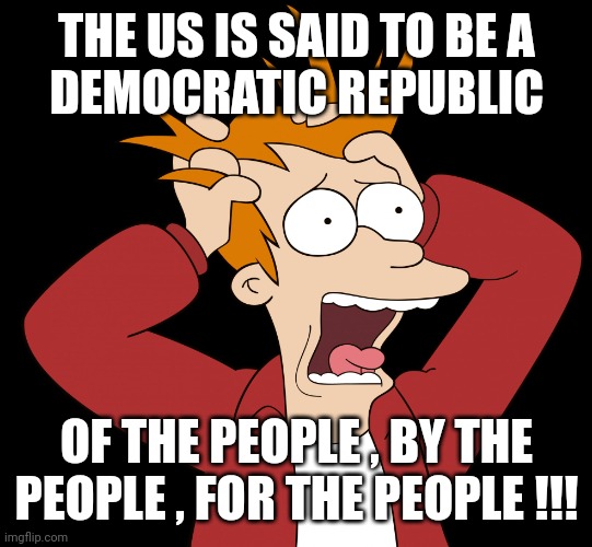 Futurama Fry Screaming | THE US IS SAID TO BE A
DEMOCRATIC REPUBLIC OF THE PEOPLE , BY THE PEOPLE , FOR THE PEOPLE !!! | image tagged in futurama fry screaming | made w/ Imgflip meme maker