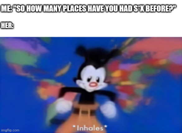 Yakko inhale | ME: "SO HOW MANY PLACES HAVE YOU HAD S*X BEFORE?"; HER: | image tagged in yakko inhale,funny memes,girlfriend,just jokes,just kidding | made w/ Imgflip meme maker