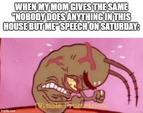 We heard it last weekend. You forced us to do chores and you still dare? | WHEN MY MOM GIVES THE SAME "NOBODY DOES ANYTHING IN THIS HOUSE BUT ME" SPEECH ON SATURDAY: | image tagged in visible frustration,relatable,parents,memes,funny | made w/ Imgflip meme maker