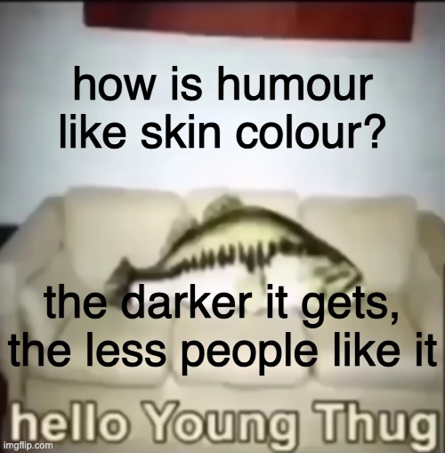 joke, sorry if offended any of yall silly little internet people | how is humour like skin colour? the darker it gets, the less people like it | image tagged in hello young thug | made w/ Imgflip meme maker