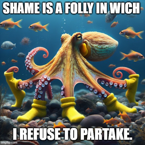 No Shame | SHAME IS A FOLLY IN WICH; I REFUSE TO PARTAKE. | image tagged in shame,ai meme,shitpost,shit,bullshit,octopus | made w/ Imgflip meme maker