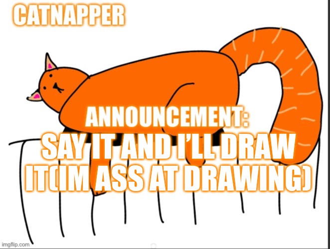 Catnapper anoint temp | SAY IT AND I’LL DRAW IT(IM ASS AT DRAWING) | image tagged in catnapper anoint temp | made w/ Imgflip meme maker