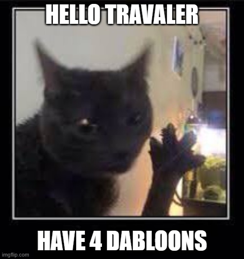 Dabloons Cat | HELLO TRAVALER; HAVE 4 DABLOONS | image tagged in dabloons cat | made w/ Imgflip meme maker