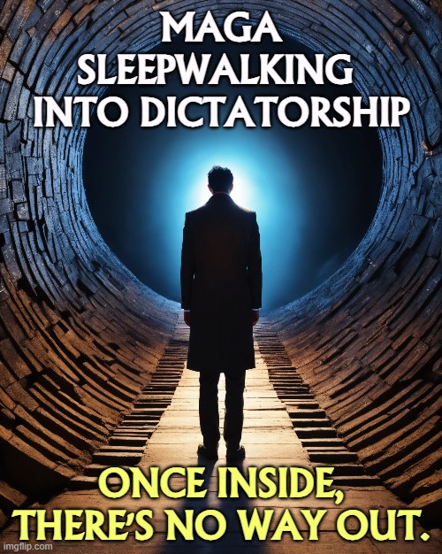 MAGA
SLEEPWALKING 
INTO DICTATORSHIP; ONCE INSIDE, THERE'S NO WAY OUT. | image tagged in maga,sleepwalking,dictatorship,autocracy,death,democracy | made w/ Imgflip meme maker