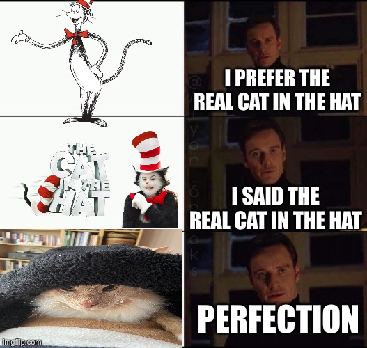 The real one | I PREFER THE REAL CAT IN THE HAT; I SAID THE REAL CAT IN THE HAT; PERFECTION | image tagged in show me the real,oh wow are you actually reading these tags,cats | made w/ Imgflip meme maker