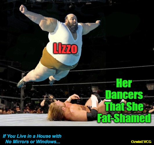 If You Live in a House with No Mirrors or Windows... | Lizzo; Her 

Dancers 

That She 

Fat-Shamed; If You Live in a House with 

No Mirrors or Windows... OzwinEVCG | image tagged in off the top rope,lizzo,irony,clown world,fat shame,self-awareness | made w/ Imgflip meme maker