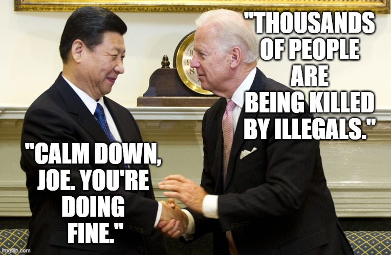 Do You Think Biden Might Be Blackmailed by China? | "THOUSANDS OF PEOPLE ARE BEING KILLED BY ILLEGALS."; "CALM DOWN,
 JOE. YOU'RE 

DOING
 FINE." | image tagged in biden,china,joe biden,chinese,money,politics | made w/ Imgflip meme maker