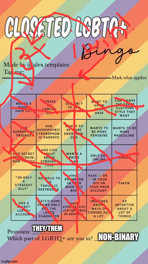 yay | THEY/THEM; NON-BINARY | image tagged in closeted lgbtq bingo | made w/ Imgflip meme maker