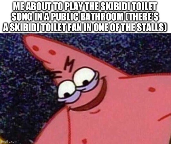 Try this at home ;-) | ME ABOUT TO PLAY THE SKIBIDI TOILET SONG IN A PUBLIC BATHROOM (THERE’S A SKIBIDI TOILET FAN IN ONE OF THE STALLS) | image tagged in evil patrick,skibidi toilet,evil,hahaha,i am the greatest villain of all time,we do a little trolling | made w/ Imgflip meme maker