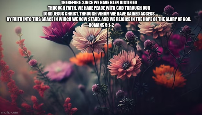 THEREFORE, SINCE WE HAVE BEEN JUSTIFIED THROUGH FAITH, WE HAVE PEACE WITH GOD THROUGH OUR LORD JESUS CHRIST, THROUGH WHOM WE HAVE GAINED ACCESS BY FAITH INTO THIS GRACE IN WHICH WE NOW STAND. AND WE REJOICE IN THE HOPE OF THE GLORY OF GOD.
—ROMANS 5:1-2 | made w/ Imgflip meme maker