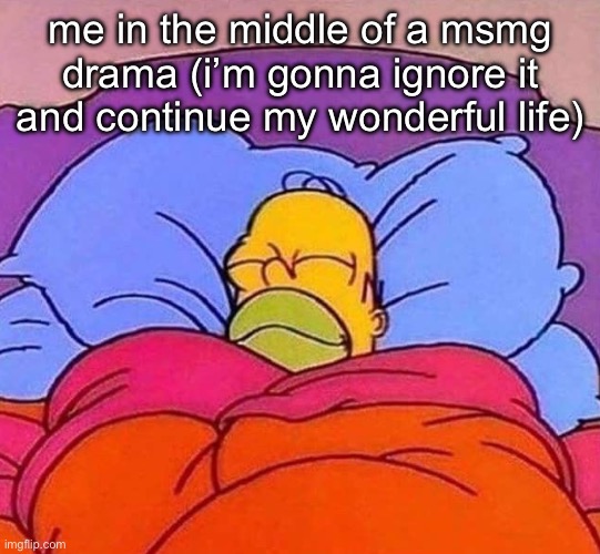 . | me in the middle of a msmg drama (i’m gonna ignore it and continue my wonderful life) | image tagged in homer simpson sleeping peacefully | made w/ Imgflip meme maker